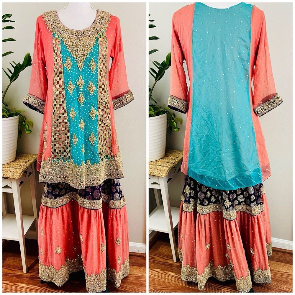 Stunning Pakistani Bridal Pink Purple & Blue Formal Gharara Wedding Heavy Dress